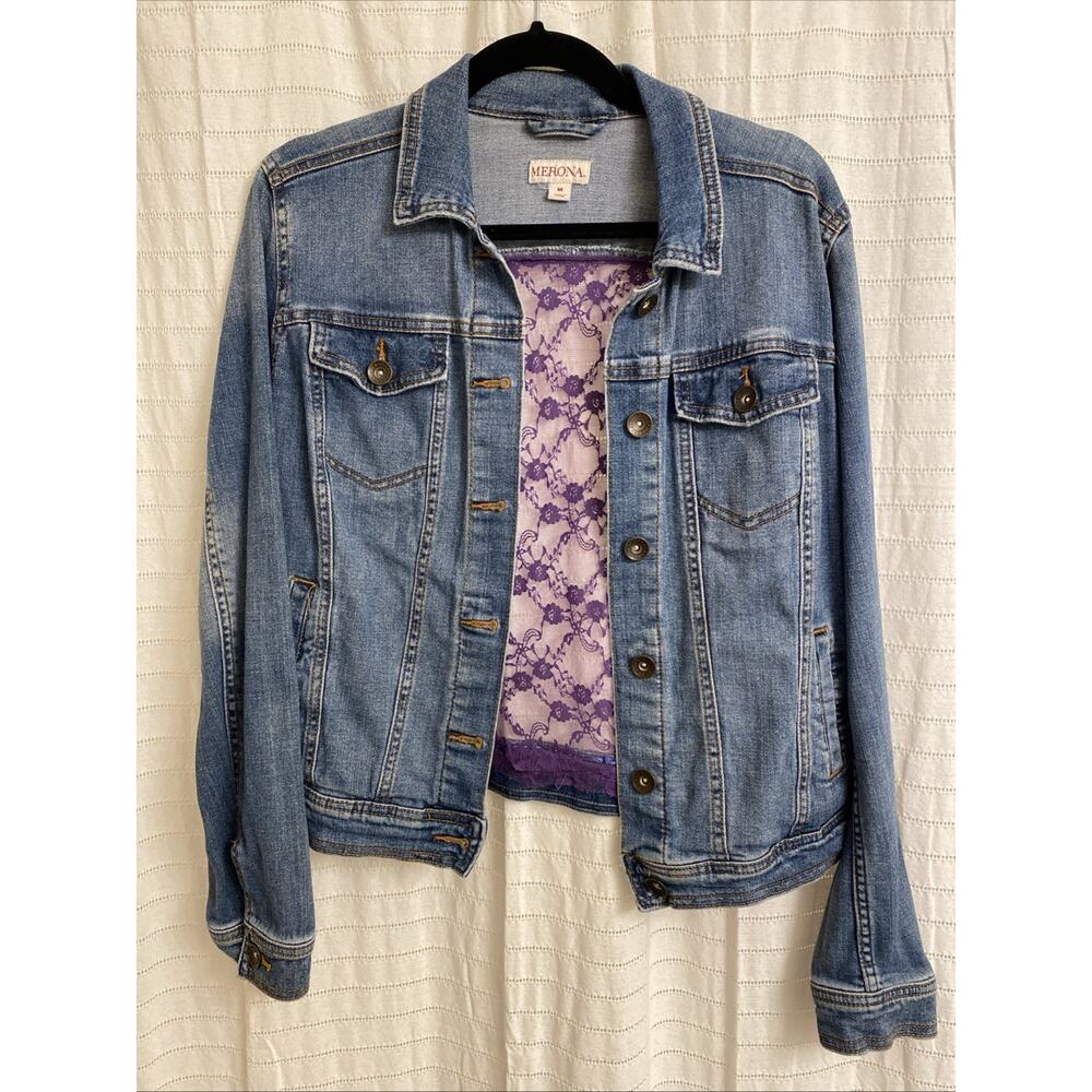 merona jean jacket Medium Women Purple Lace Floral Festival Button Up Pockets